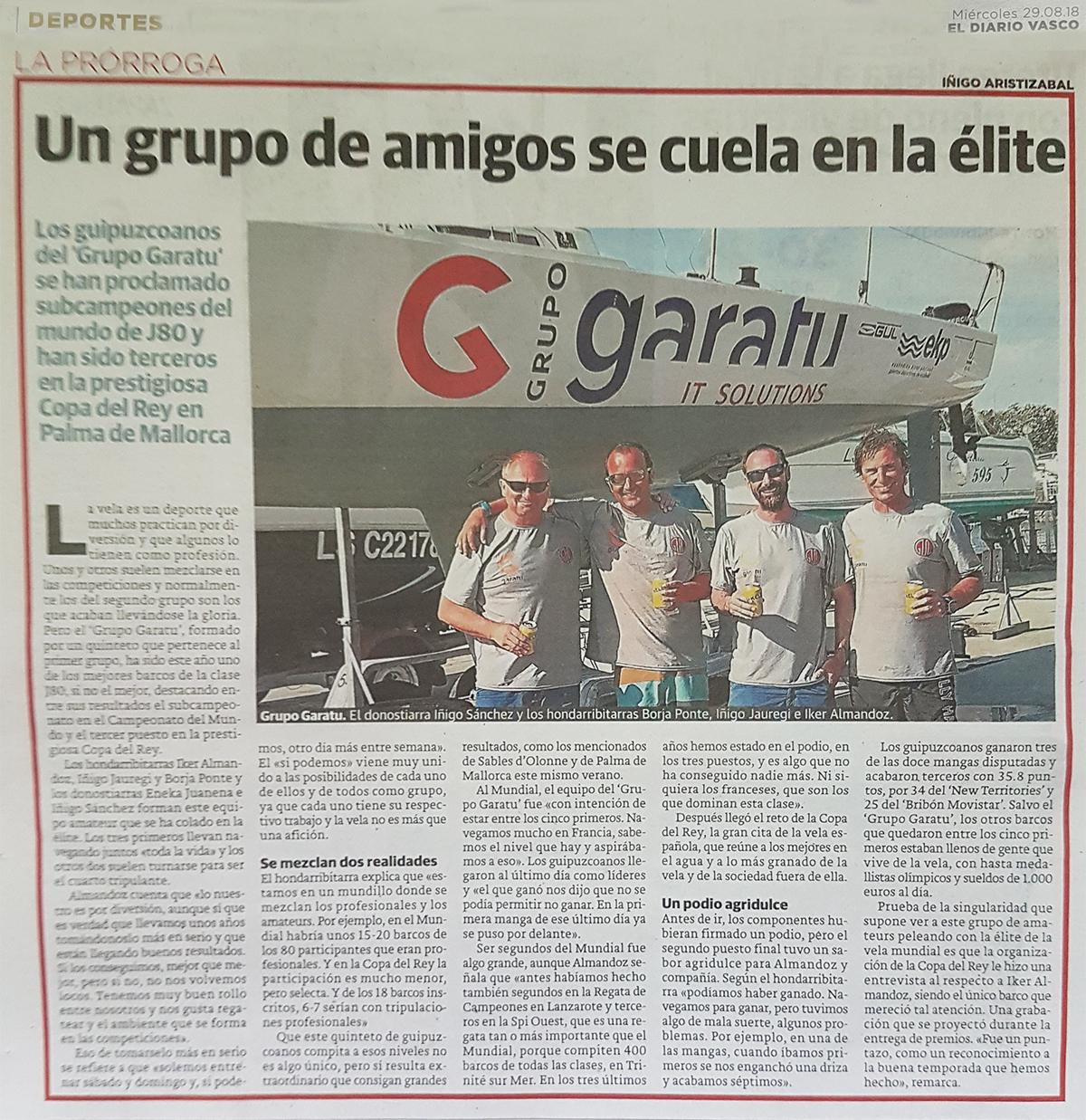 Entrevista en el periodico diario vasco al equipo de AD Grupo Garatu como amateurs ganadores del subcampeonato del mundo J80 y terceros en la Copa del Rey Mapfre 2018
